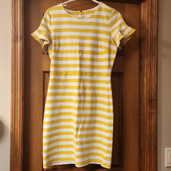 Old Navy short sleeve yellow and white stripe midi dress size medium - Picture 1 of 7